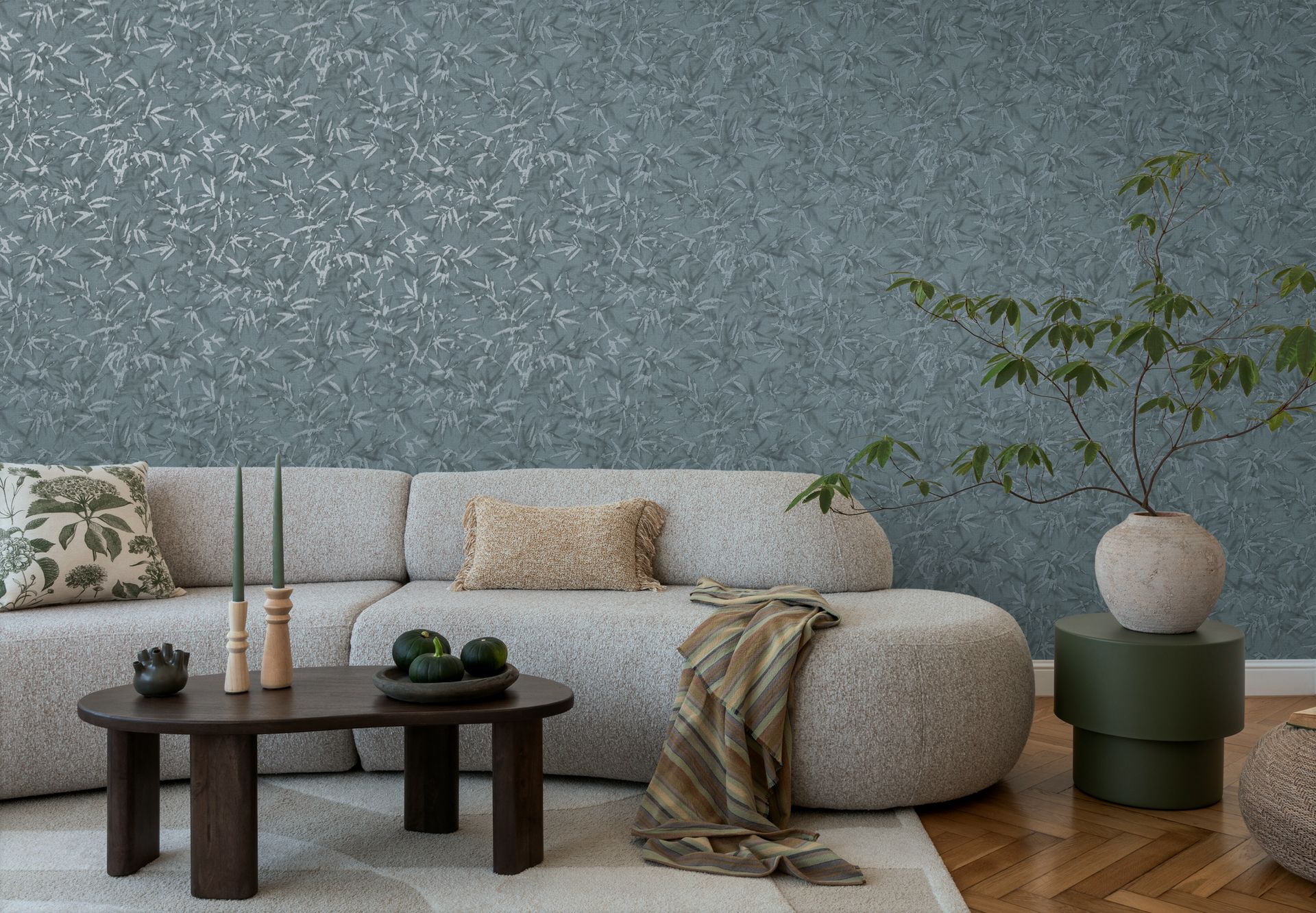 Vliestapete Floral - Blätter, blau, metallic, A.S. Création 790466