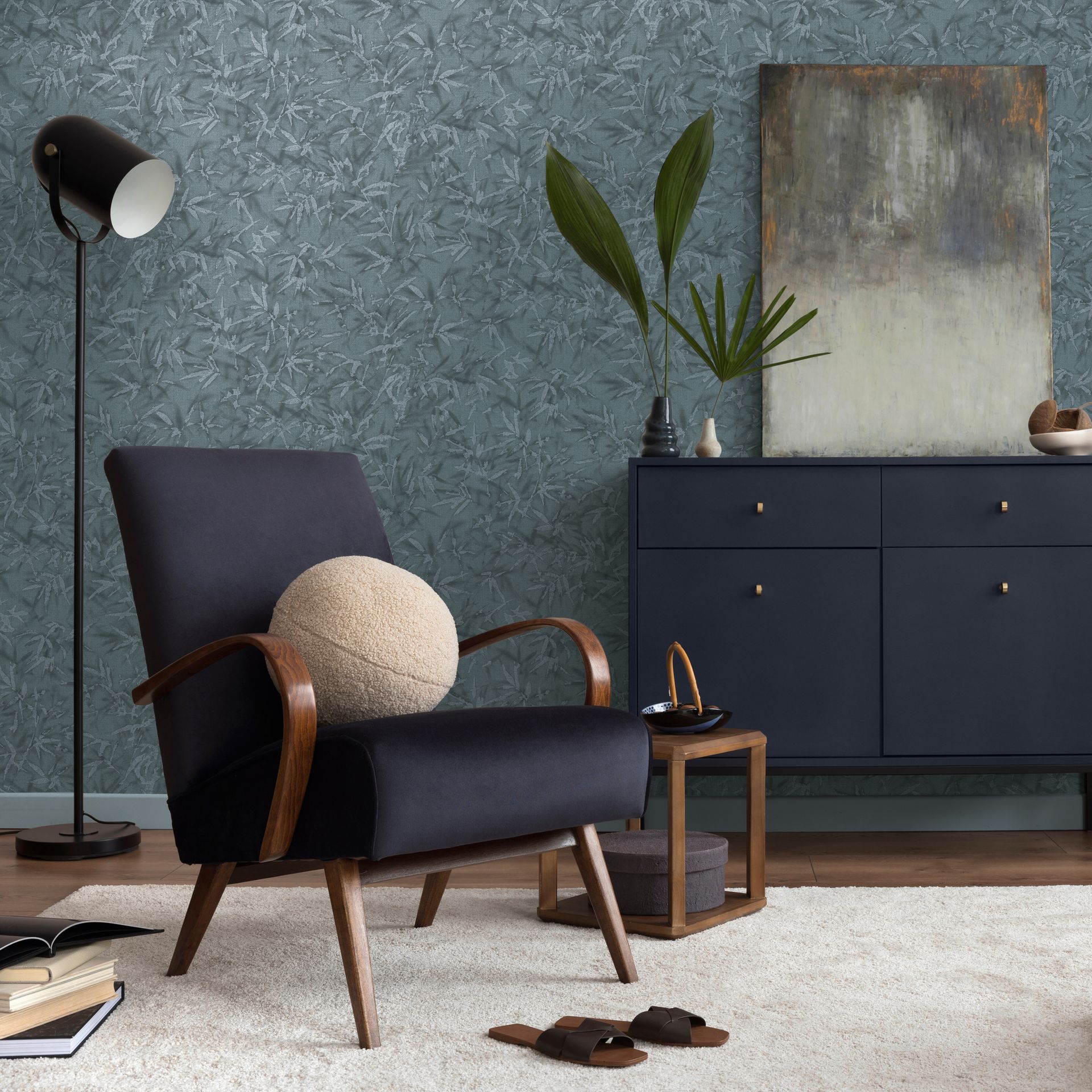 Vliestapete Floral - Blätter, blau, metallic, A.S. Création 790466