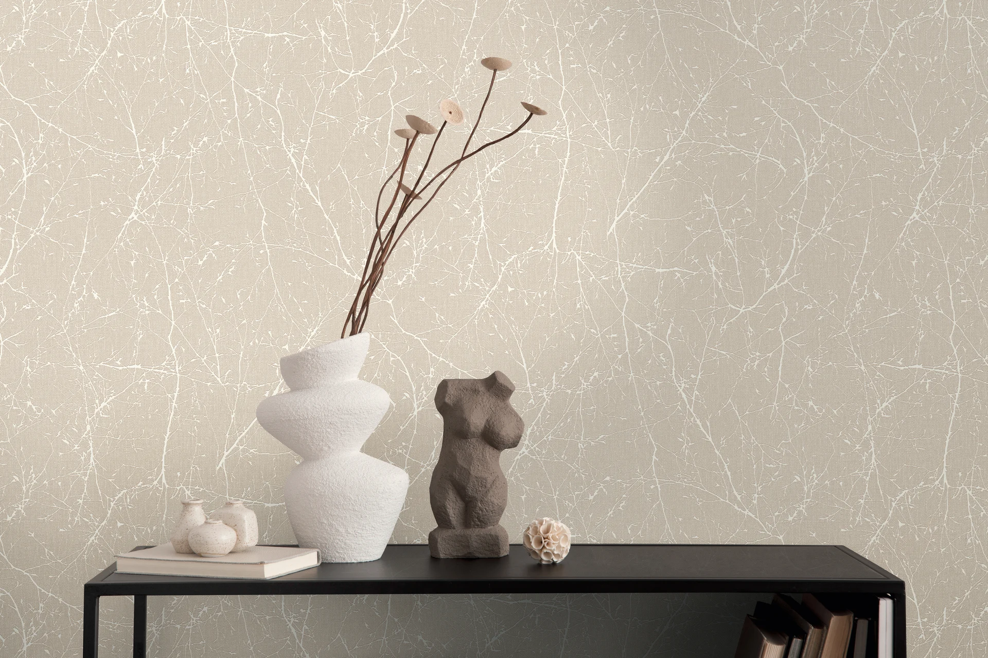 Livingwalls, Tapete mit Ästen, beige, weiß 305074