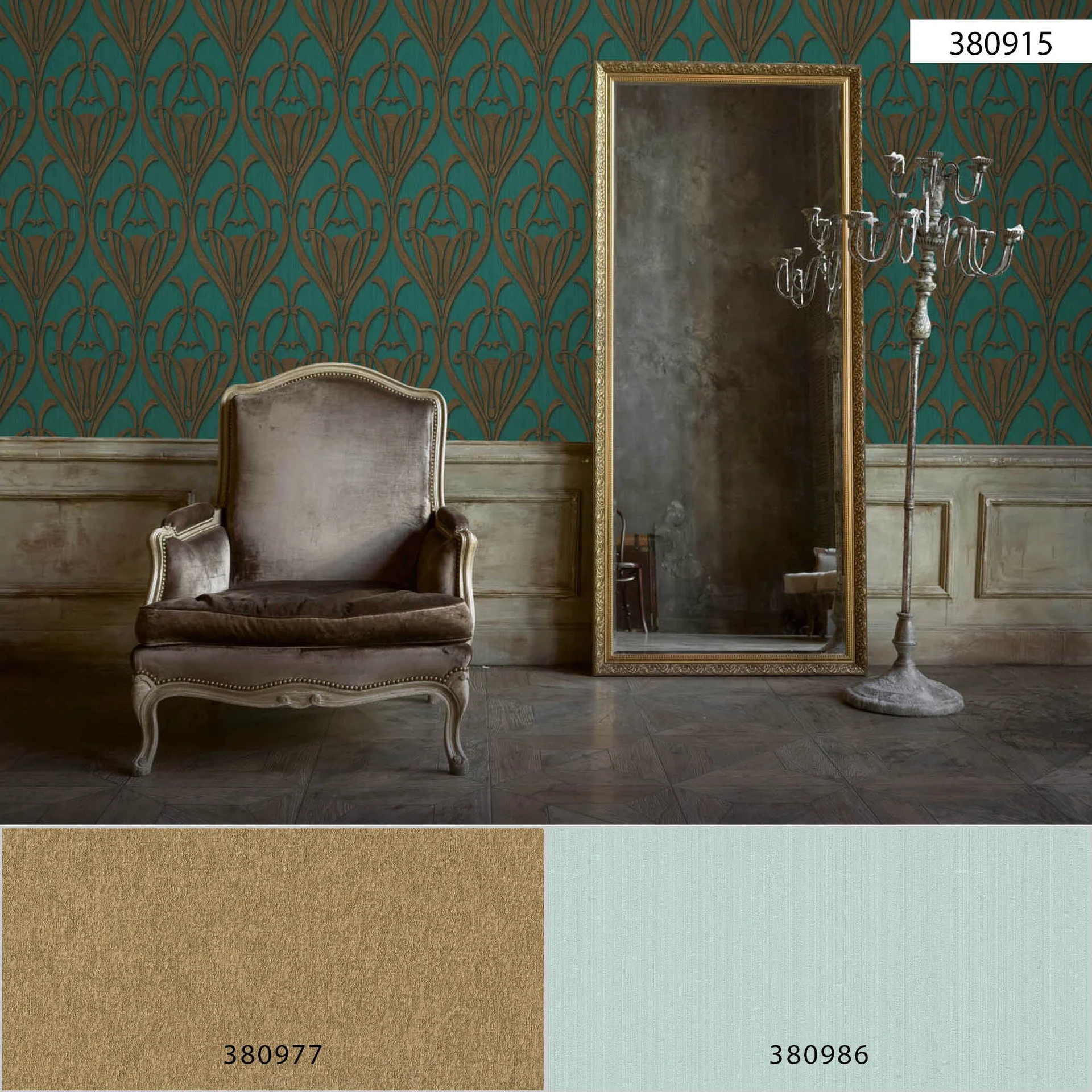 Raumbild 5 Livingwalls Mata Hari, Barock Tapete, petrol, braun 380915
