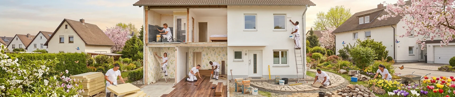 Frühlingspanorama einer ganzheitlichen Hausrenovierung, bei der Handwerker gleichzeitig an der Fassade, im Innenausbau, bei der Dämmung und bei Pflasterarbeiten zwischen blühenden Frühlingsblumen arbeiten.