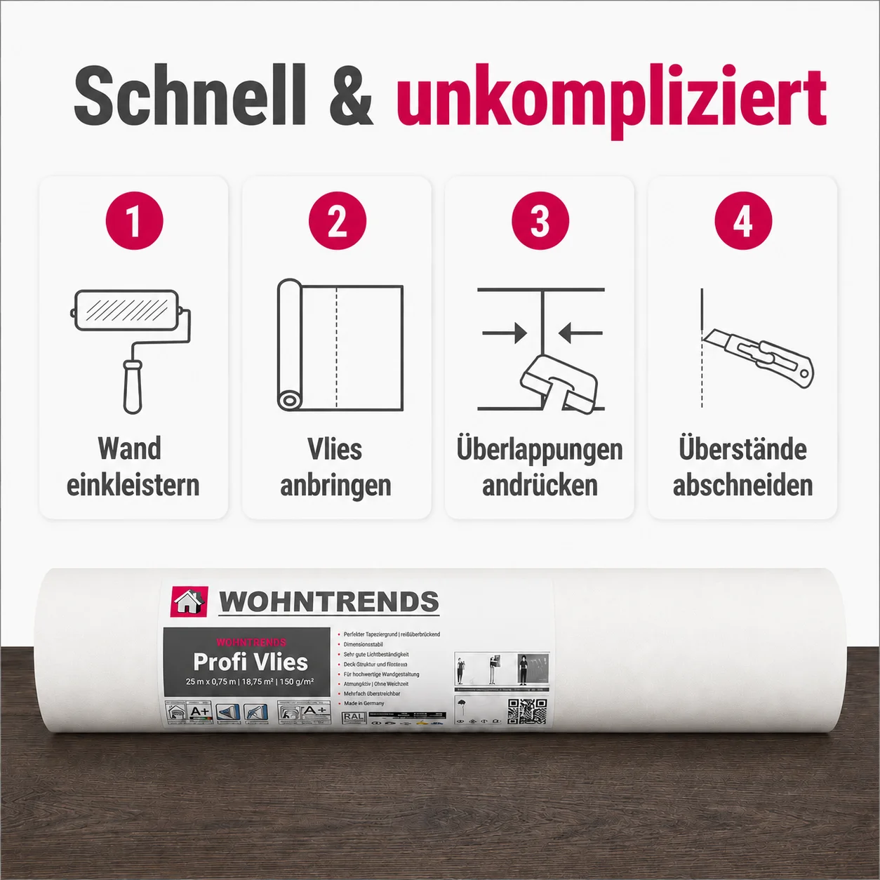 Wohntrends Renoviervlies 150g/m² – Stabiles Malervlies (25,00 m x 0,75 m)