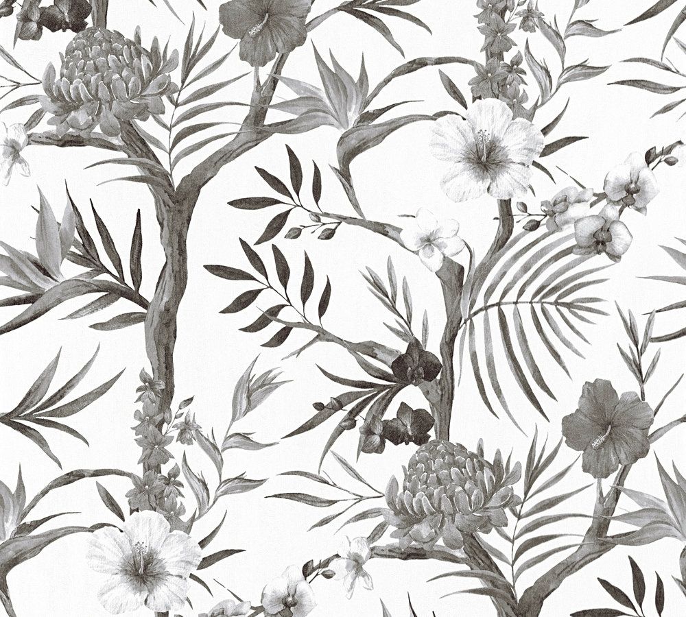 A.S. Création Black & White, Florale Tapete, schwarz, weiß 362022
