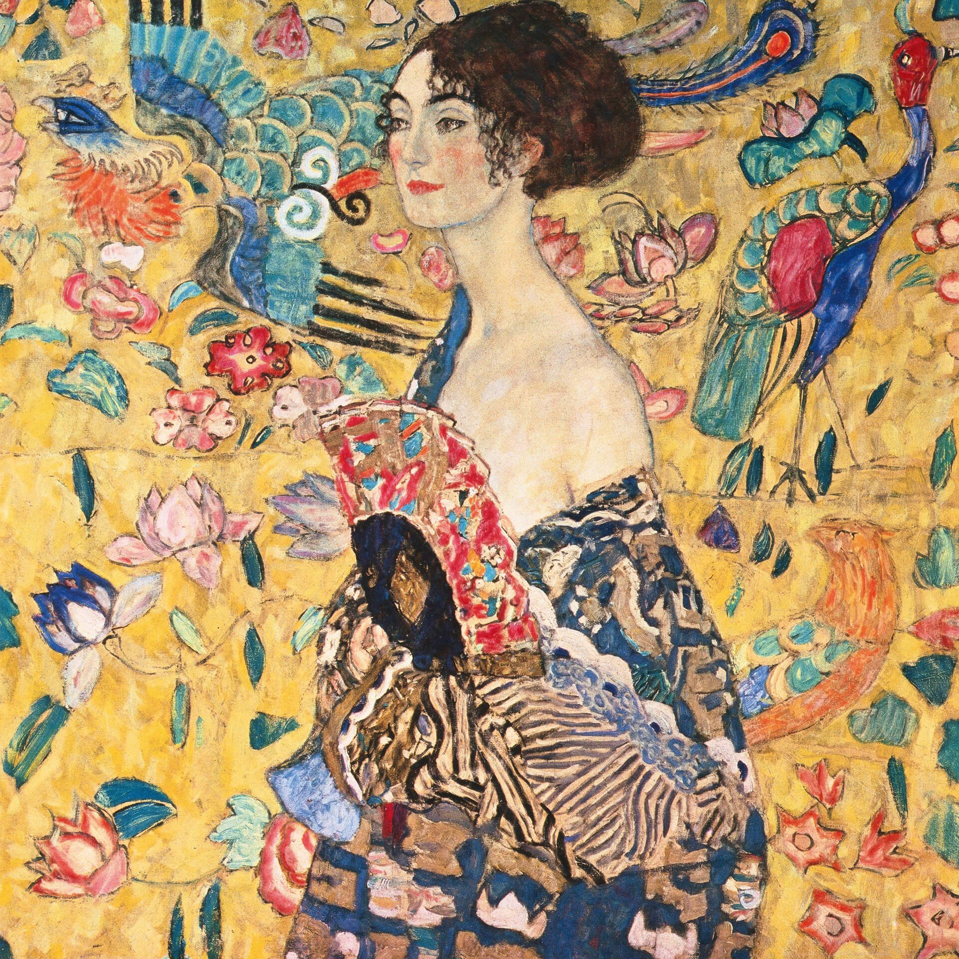 Leinwandbild Dame mit Fächer von Gustav Klimt, gelb, 50x50 cm DD123296