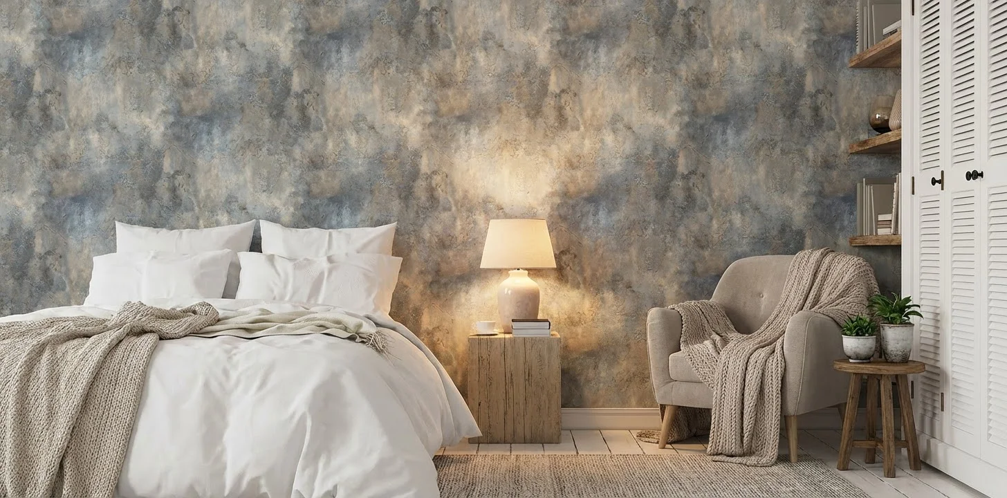Modernes Schlafzimmer mit Icon Vliestapete in verwitterter Stein- und Betonoptik in Grau-Beige, eingerichtet mit weißem Bett und gemütlichem Sessel