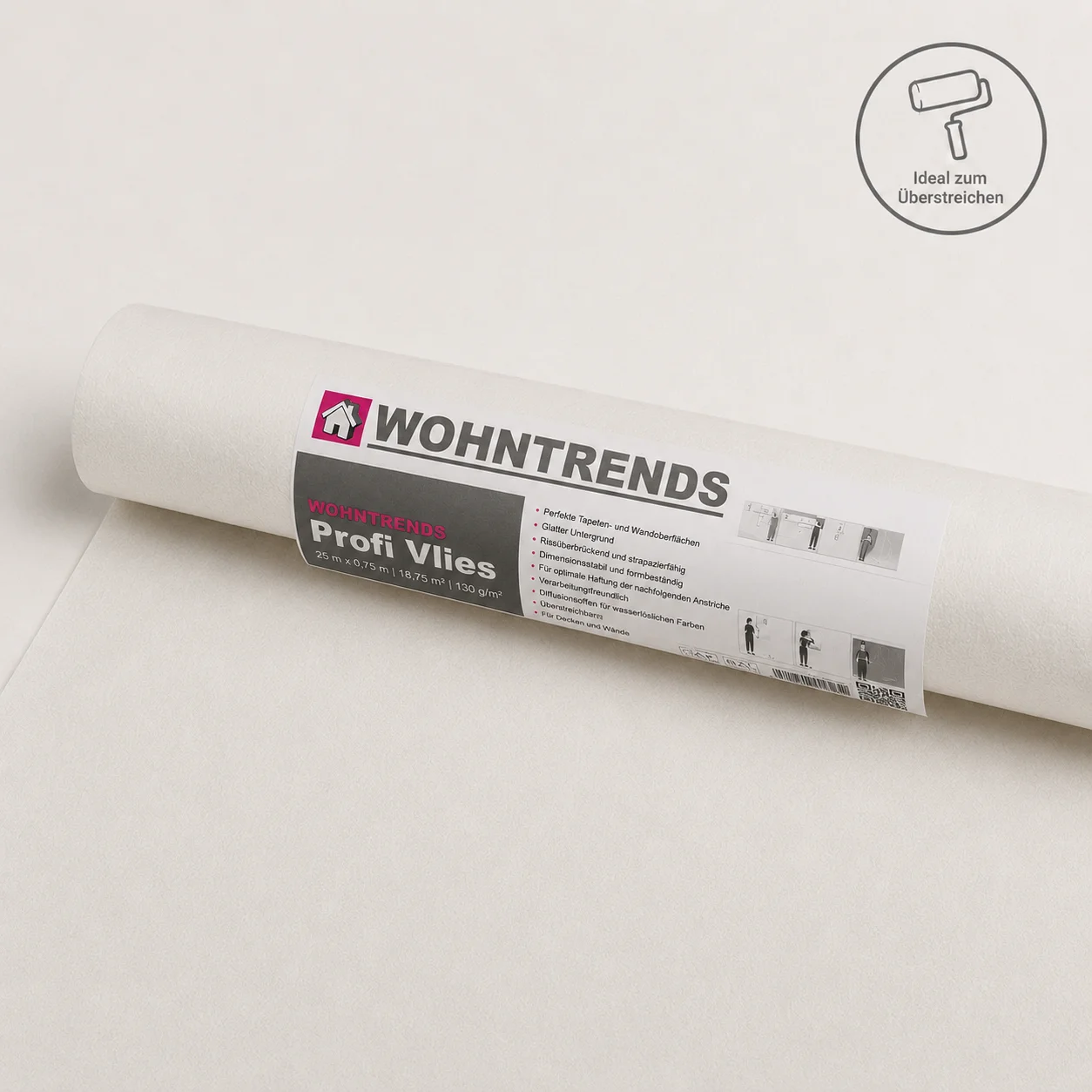 wohntrends-vlies-150g-malervlies-rolle-label.png Wohntrends Vlies 150g Malervlies Rolle mit Label in der Draufsicht