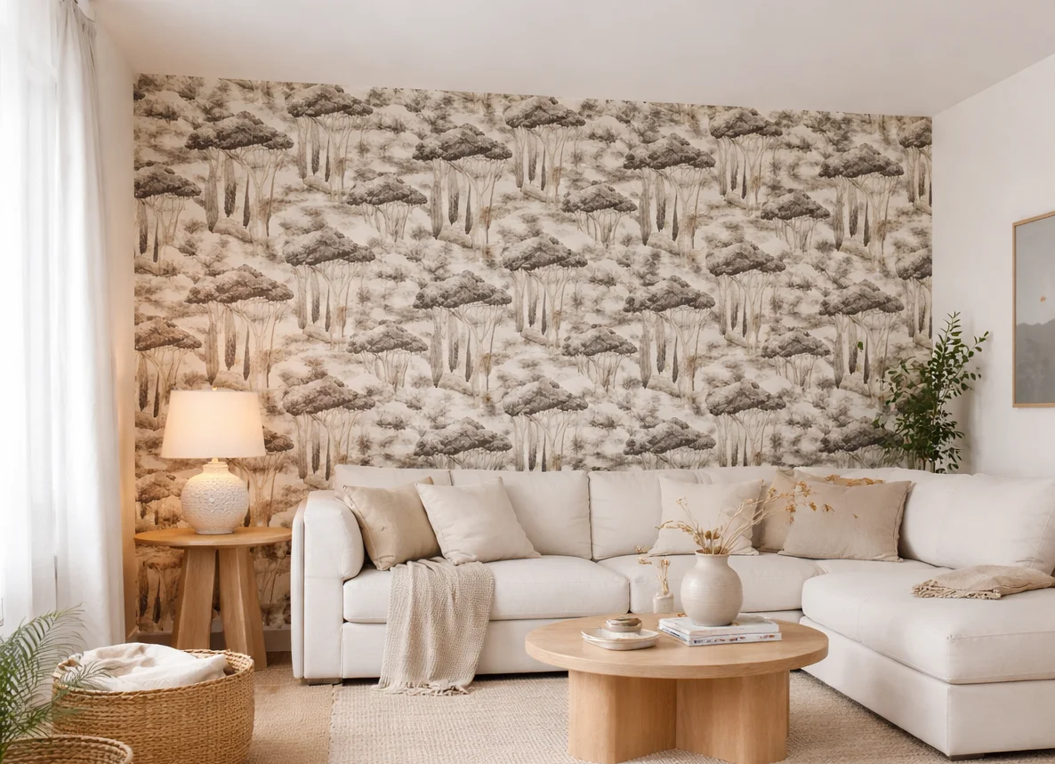 Wohnzimmer mit Arcadia Vliestapete im Landschafts-Design, Motiv mit skizzierten Bäumen in Beige und Braun, kombiniert mit hellem Sofa und Holzmöbeln