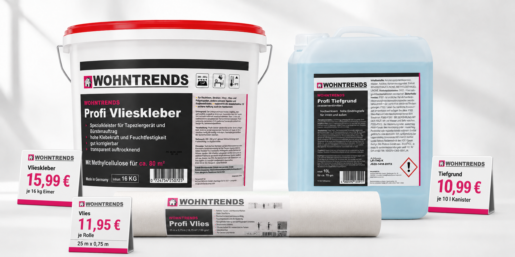 Wohntrends Profi Produkte aufgereiht- Profi Kleber, Profi Vlies, Profi Tiefgrund