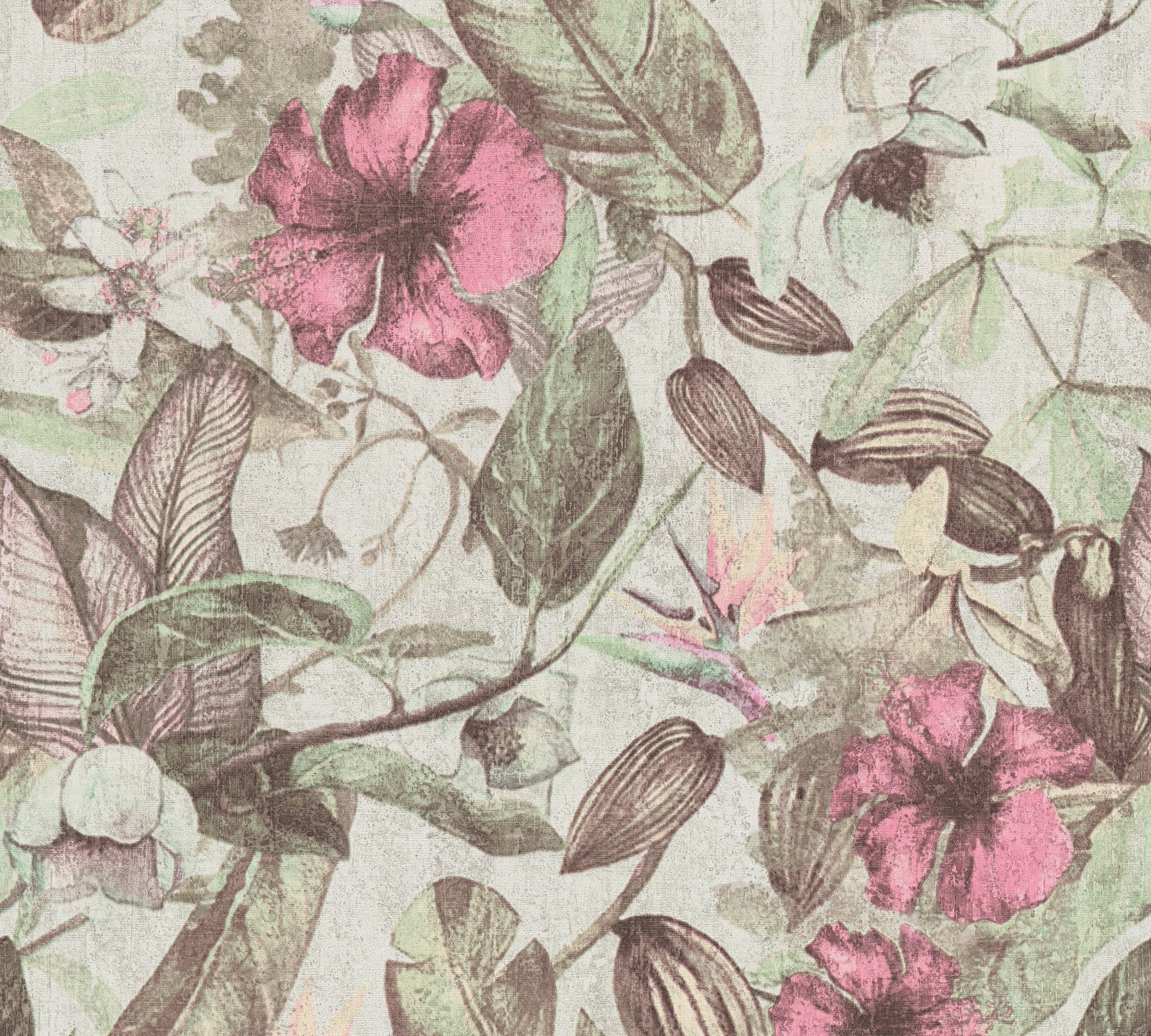 A.S. Création Greenery, Florale Tapete, grün, rosa 372164