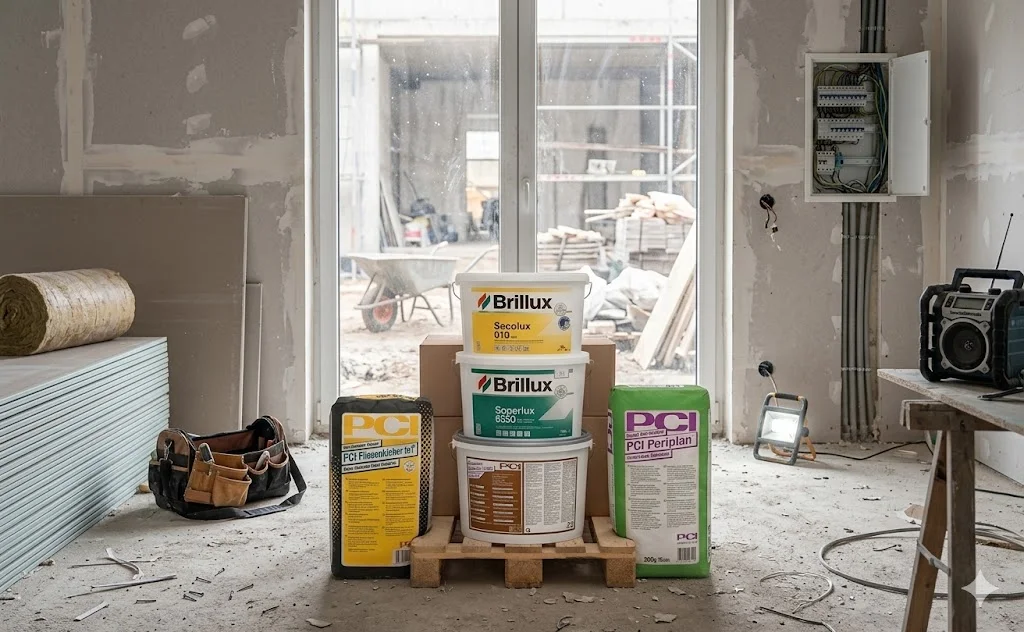 Eine Holzpalette mit PCI Baustoffsäcken und Brillux Farbeimern steht auf einer Innenraum Baustelle