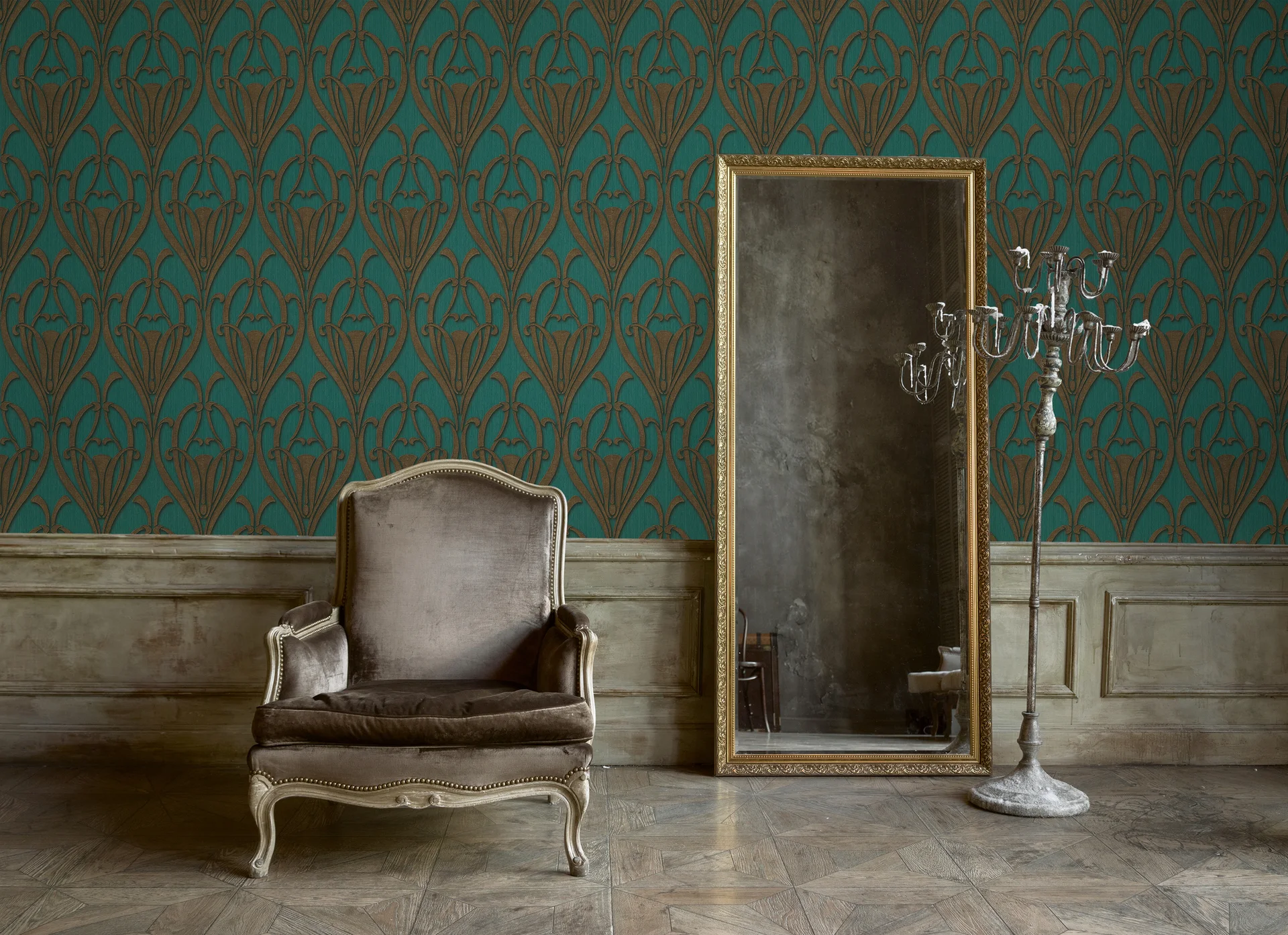 Raumbild 4 Livingwalls Mata Hari, Barock Tapete, petrol, braun 380915