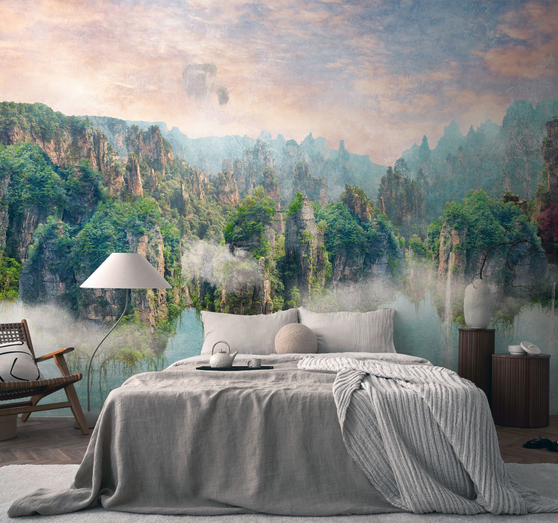 Fototapete Landschaft mit Bergen in Bunt ➤ 3,71x2,80 m Dekorbild