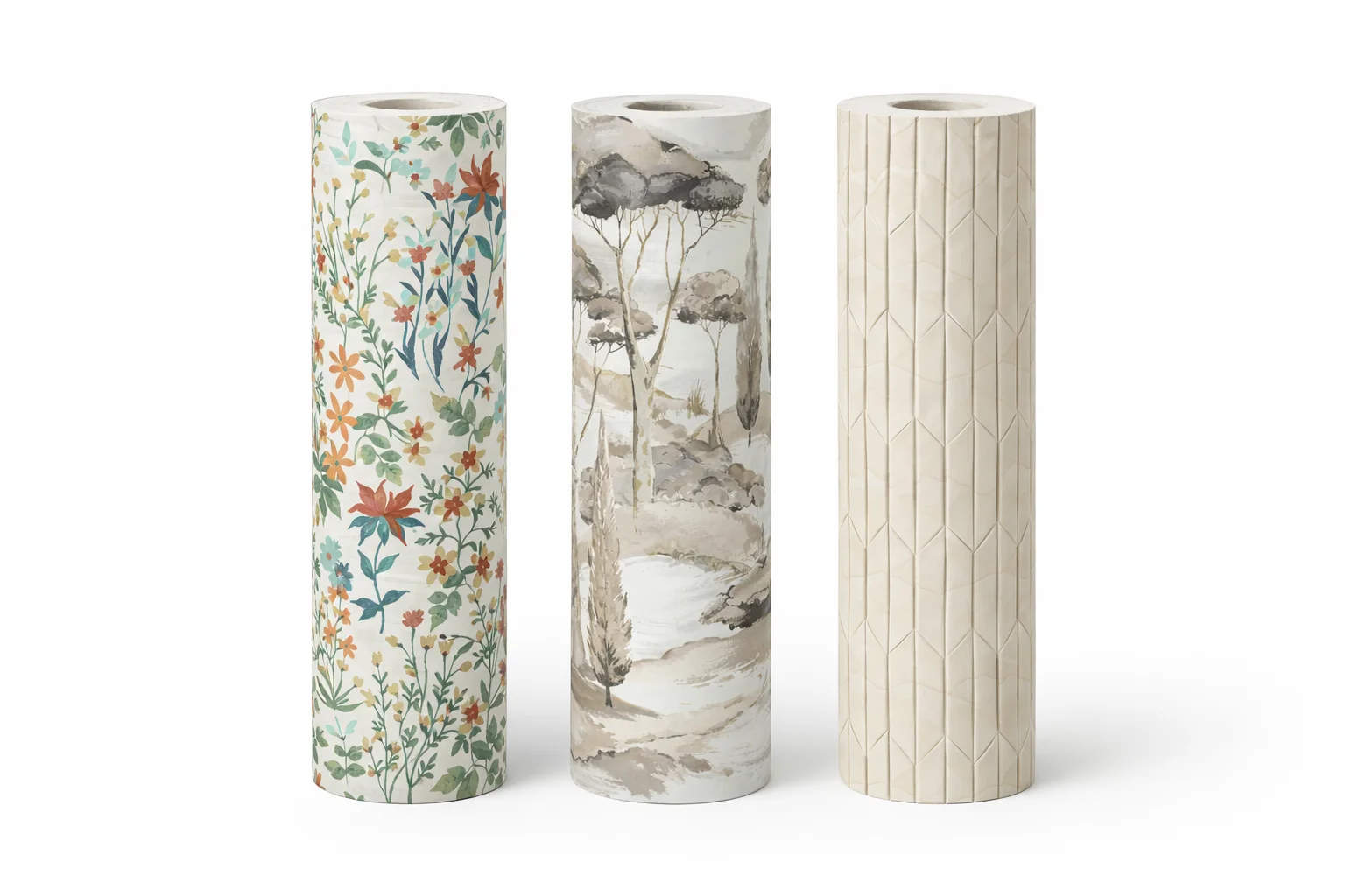 Drei Tapetenrollen der Arcadia Kollektion nebeneinander: Buntes Wiesenblumen-Muster, klassisches Landschaftsmotiv in Sepia und cremefarbene geometrische Struktur