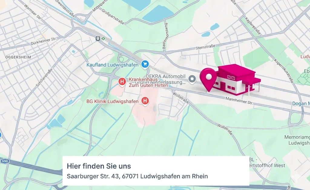 Straßenkarte mit einer rosafarbenen Markierung des Wohntrends-Standorts in der Saarburger Straße 43 in Ludwigshafen am Rhein.