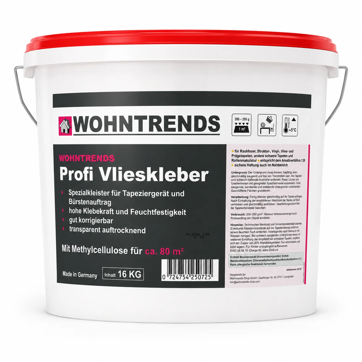 Wohntrends Profi Vlieskleber im 16 KG Eimer - Spezialkleister für Vliestapeten