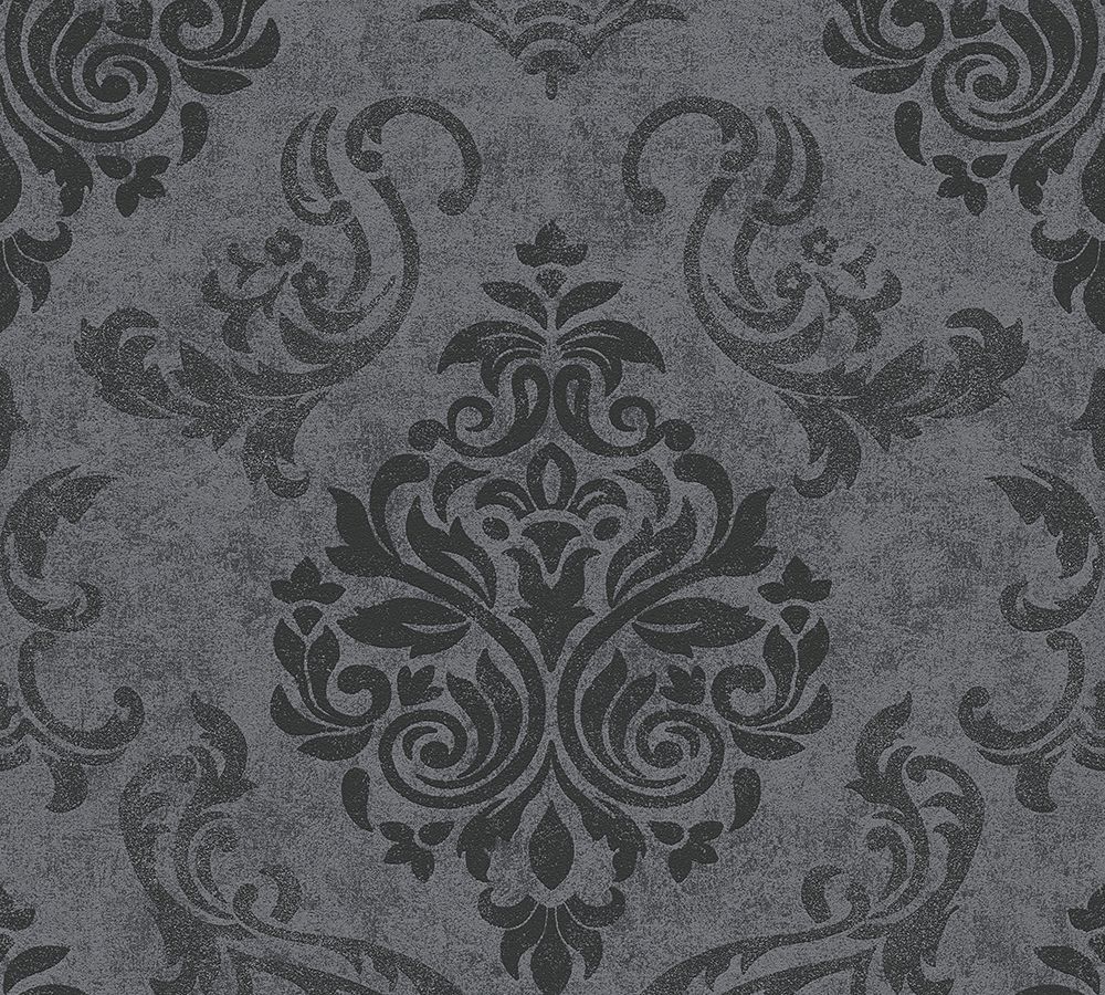 Vollbild Tapete in grau mit schwarzen Barockelementen