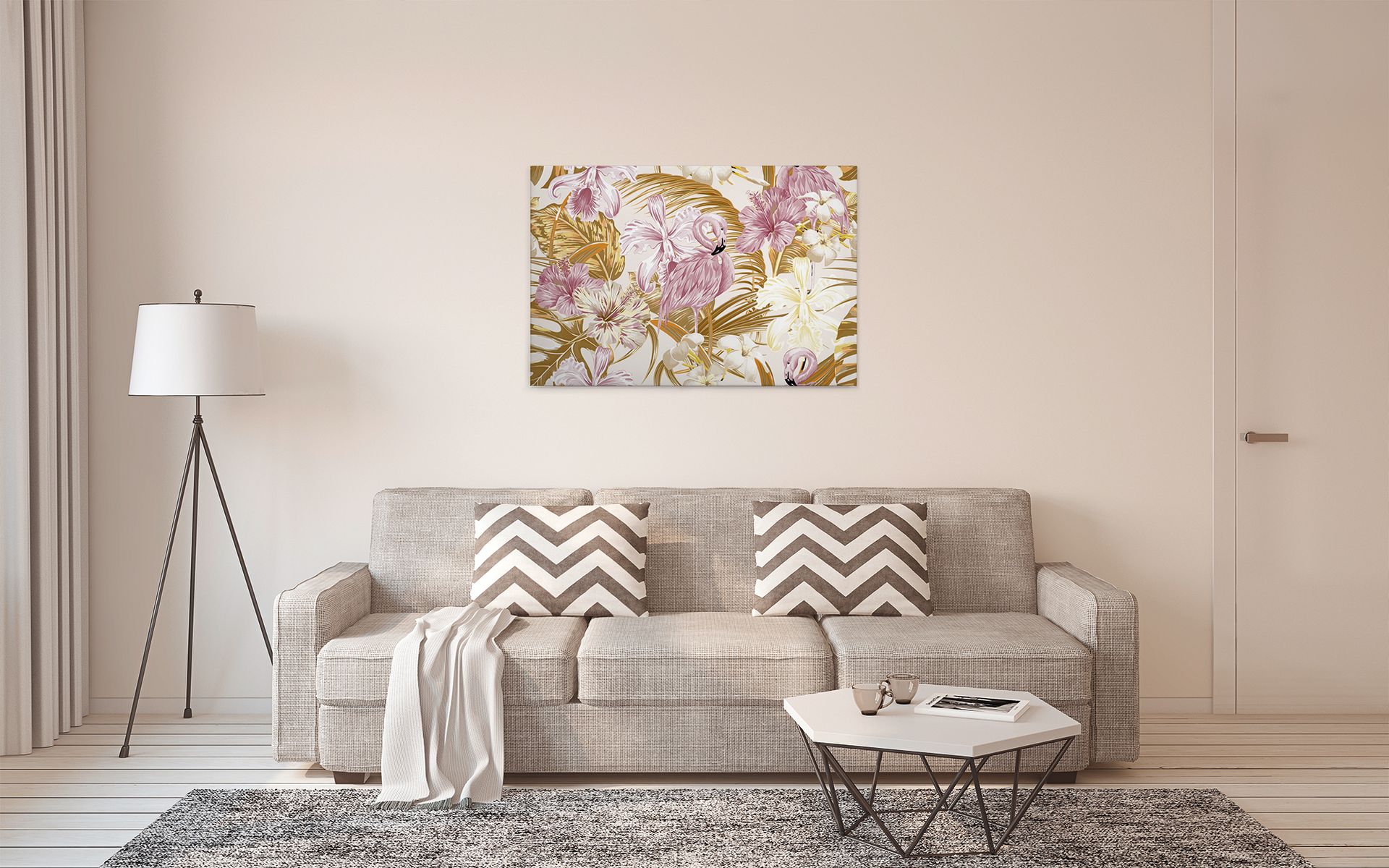 Livingwalls Leinwand, Flamingos, Tropische Blumen und Blätter, 90x60 cm DD120266