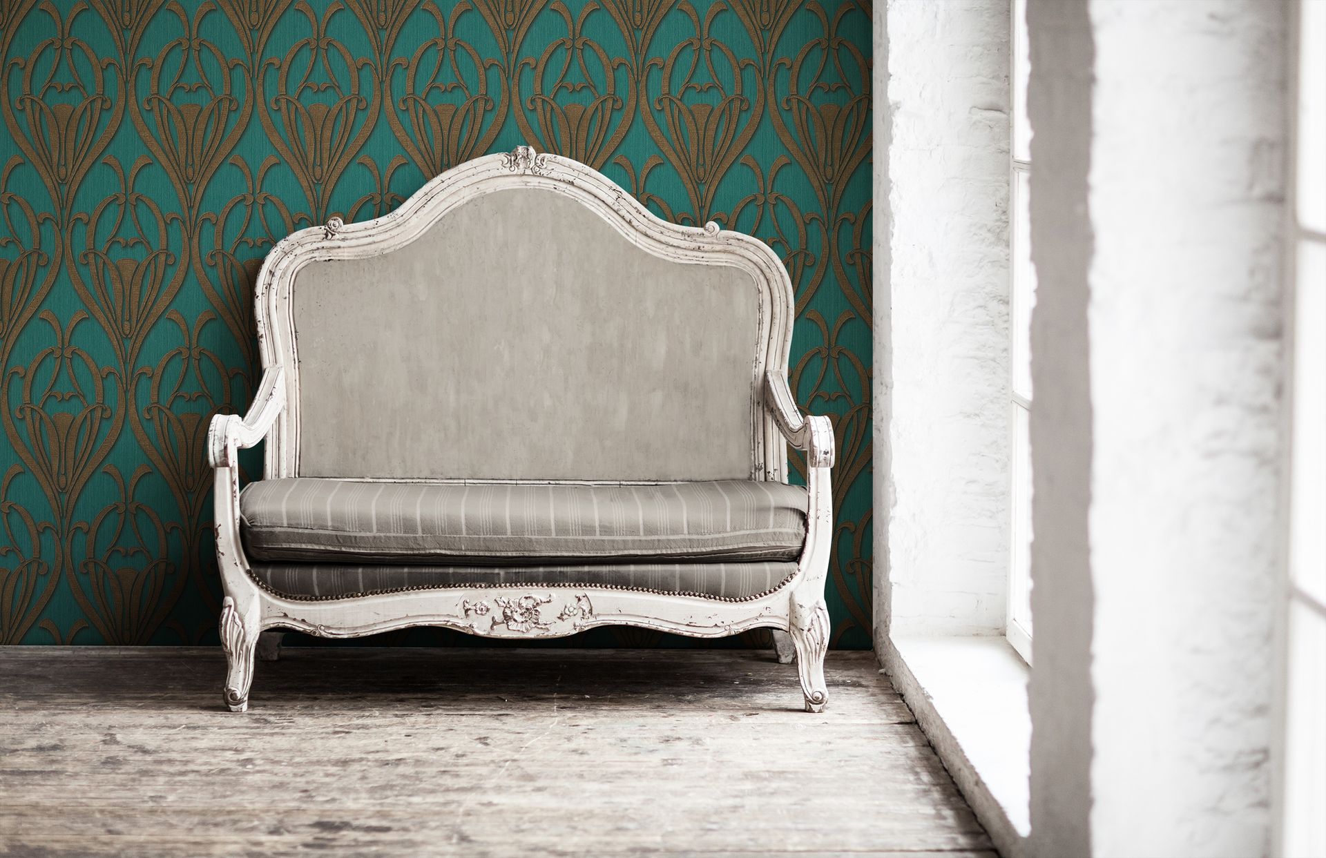 Raumbild 3 Livingwalls Mata Hari, Barock Tapete, petrol, braun 380915