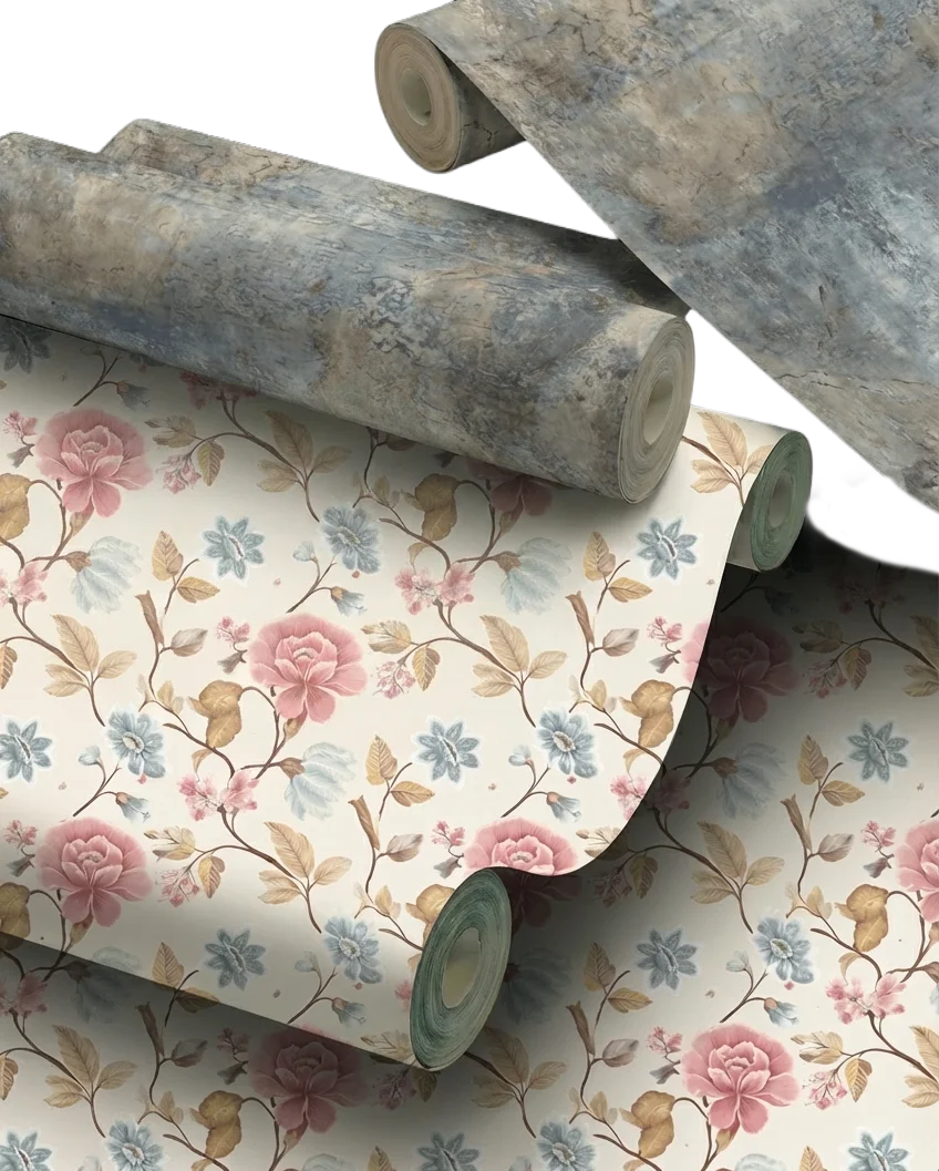 Icon Tapetenrollen Kombination: Romantisches Blumenmuster mit rosa Rosen und blauen Blüten sowie strukturierte Vliestapete in grauer Steinoptik