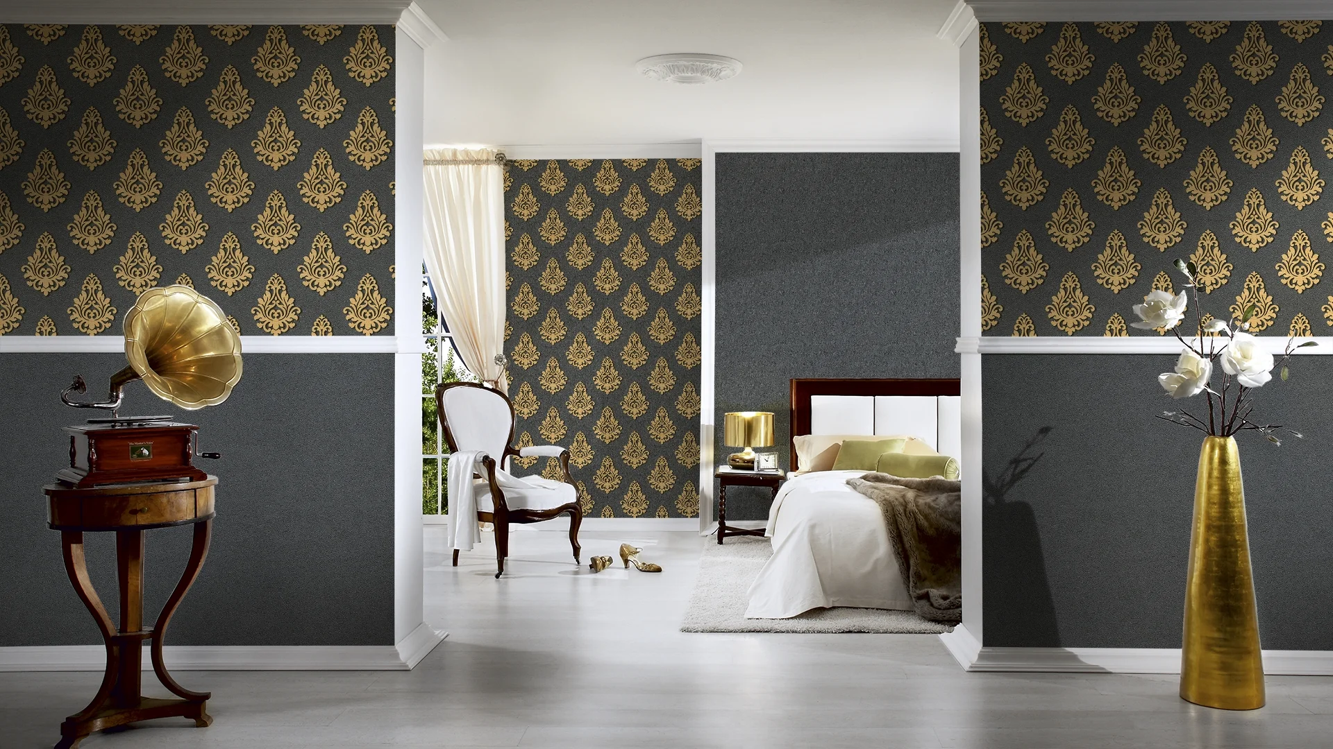 Raumbild 3 Architects Paper Nobile, Barock Tapete, gold, schwarz 959815