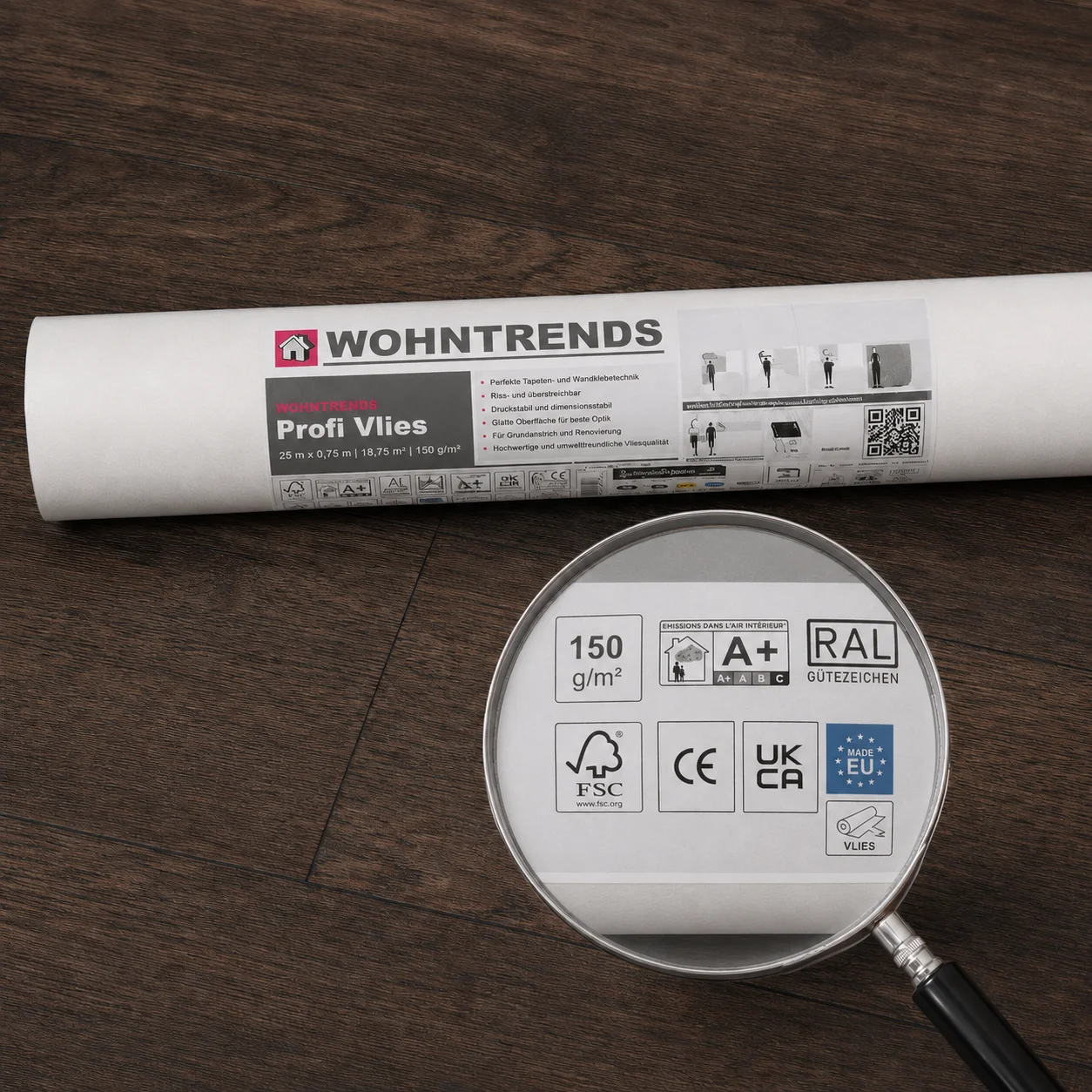 wohntrends-renoviervlies-zertifikate-qualitaet-fsc.png Wohntrends Renoviervlies Nahaufnahme der Qualitätszertifikate und FSC Siegel