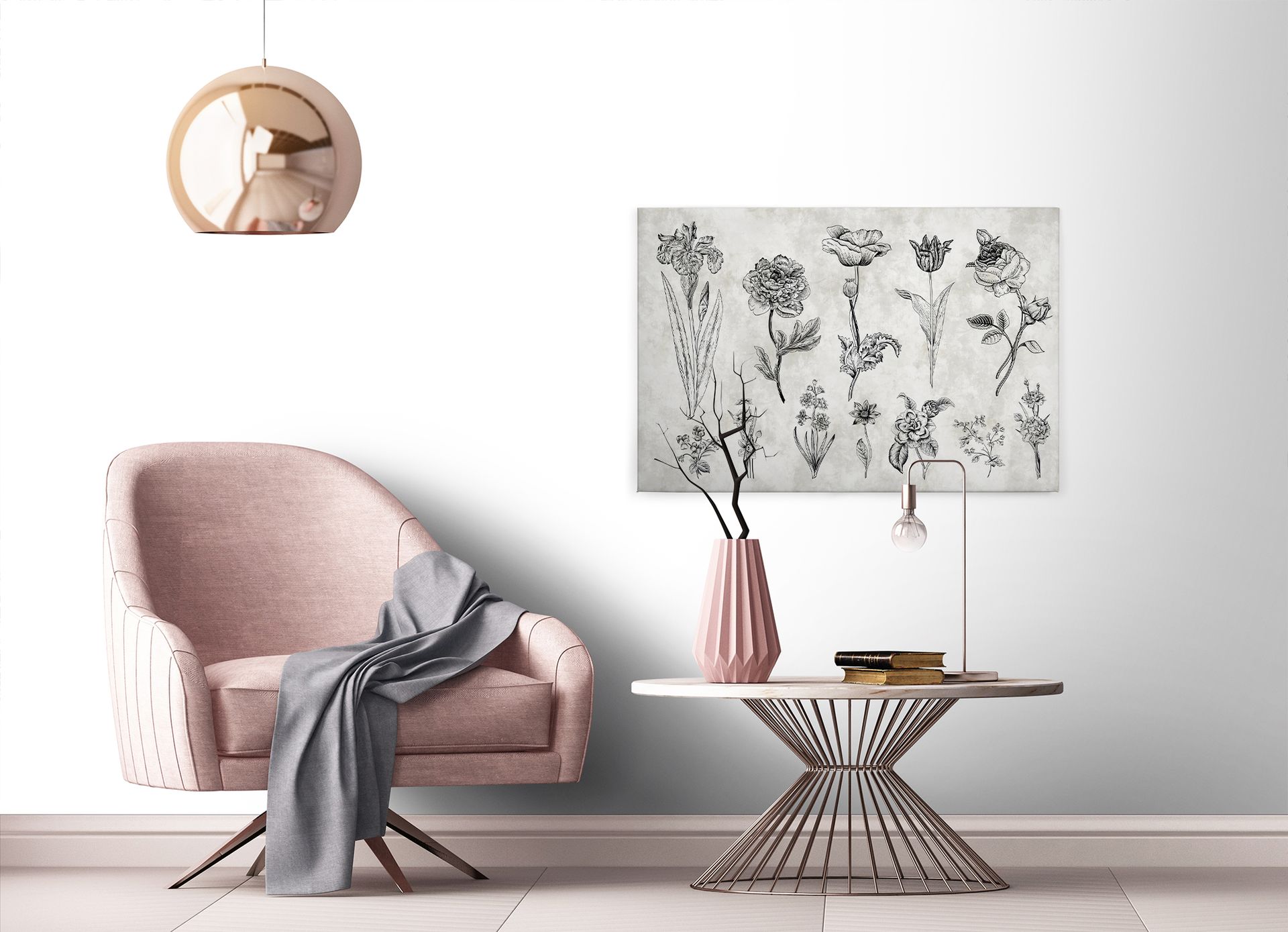 Leinwandbild Floralillustrationen, grau, 90x60 cm DD120364