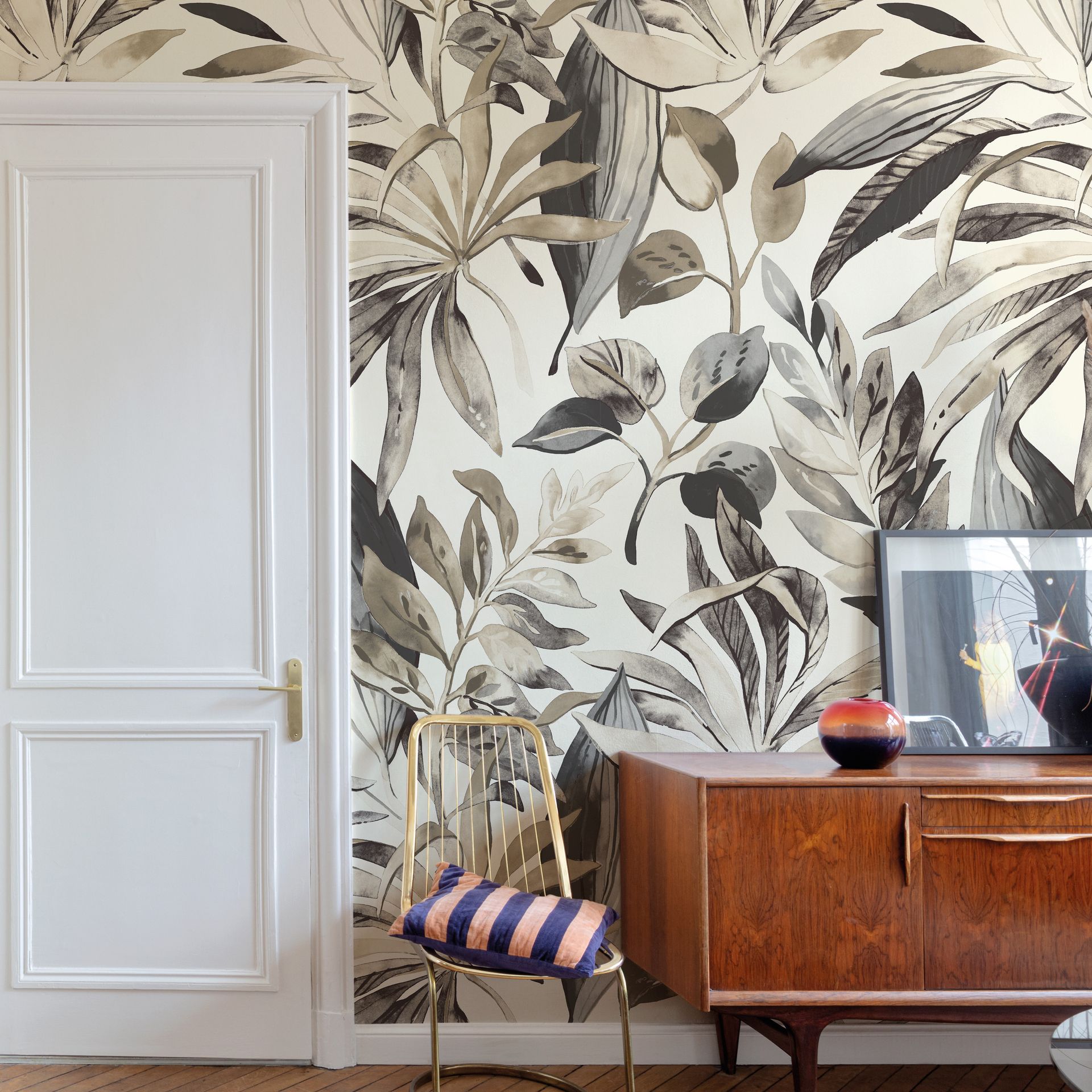 Vliestapete Palmenblätter Creme-Grau Grandeco OROM 2 A71701