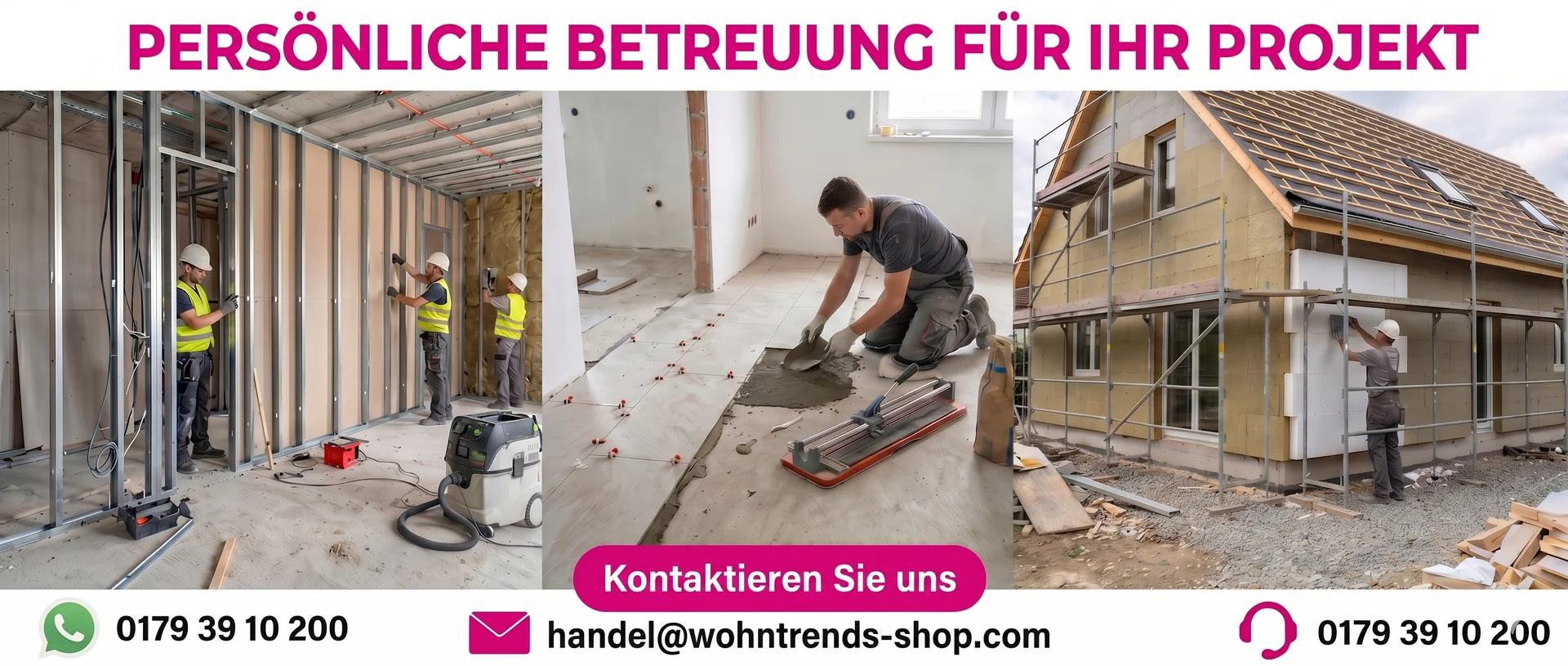 Kontakt-Banner vom Wohntrends Shop mit dem Slogan "Gestalten Sie Ihr Traumzuhause". Zeigt inspirierende Einrichtungsideen für Wohnzimmer, Küche und Bad sowie Kontaktmöglichkeiten.