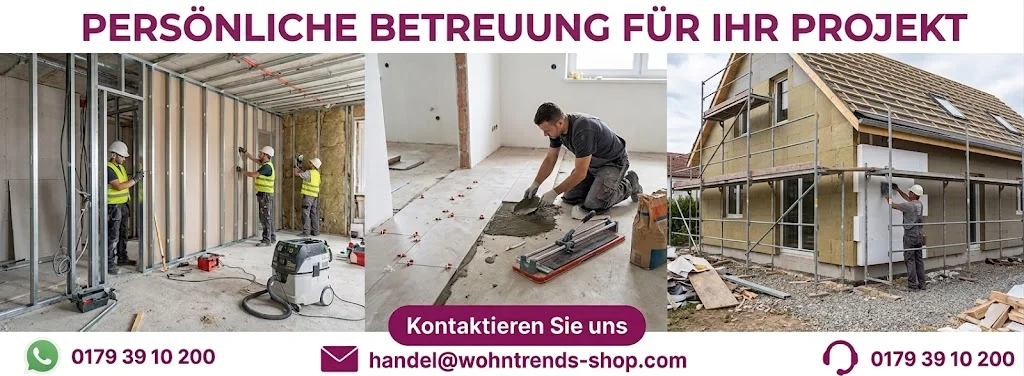 Kontakt-Banner vom Wohntrends Shop mit dem Slogan "Gestalten Sie Ihr Traumzuhause". Zeigt inspirierende Einrichtungsideen für Wohnzimmer, Küche und Bad sowie Kontaktmöglichkeiten.