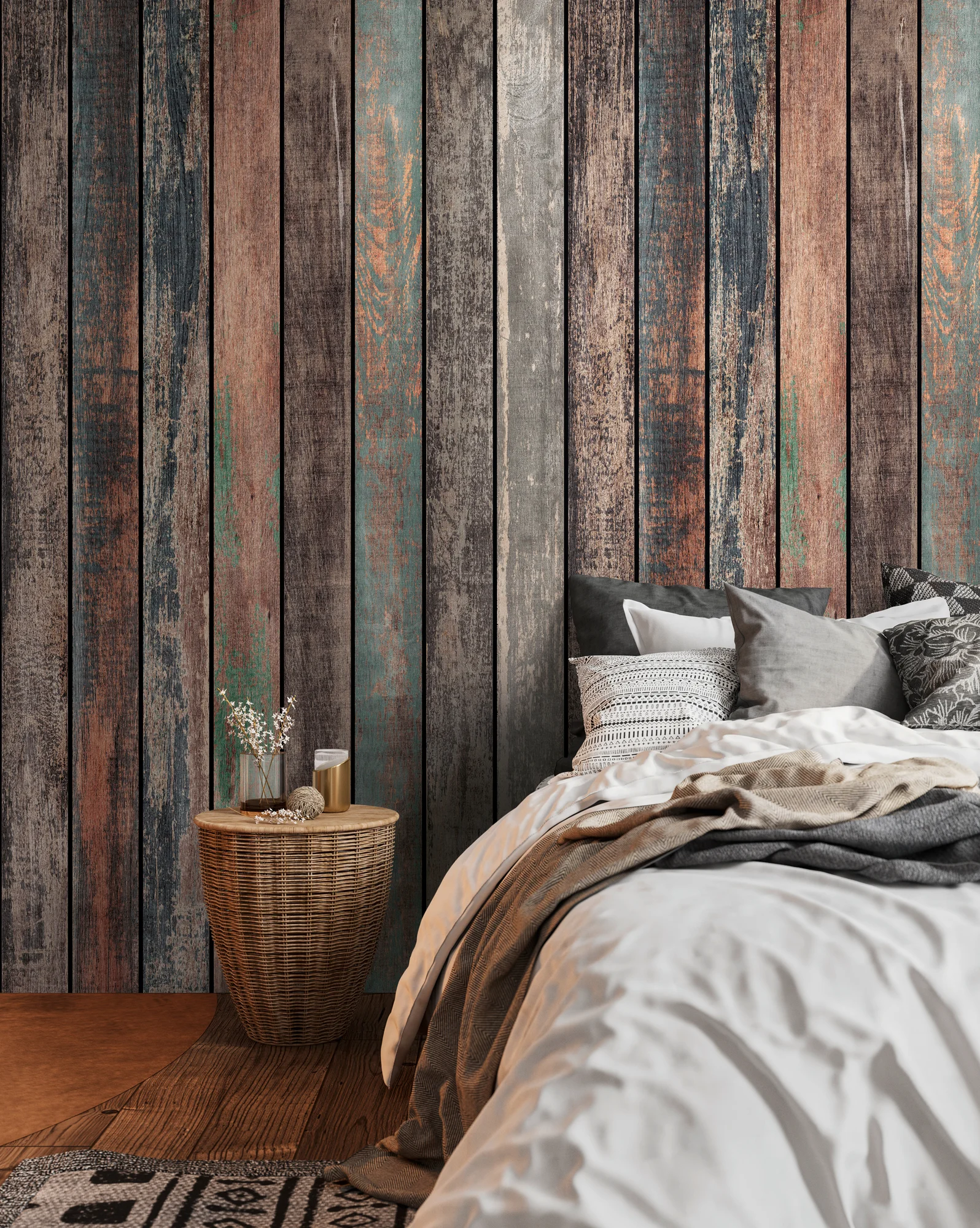 Fototapete Used-Look mit Holzoptik in Bunt ➤ 1,59x2,80 m
