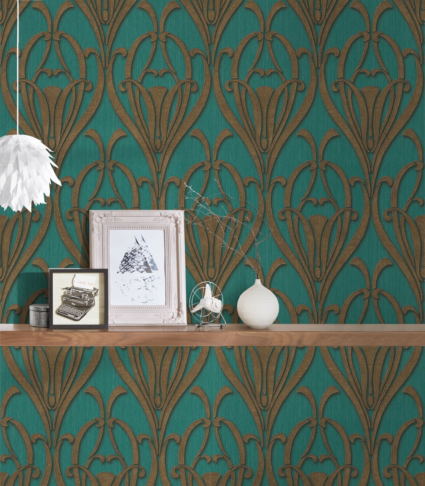 Raumbild 2 Livingwalls Mata Hari, Barock Tapete, petrol, braun 380915