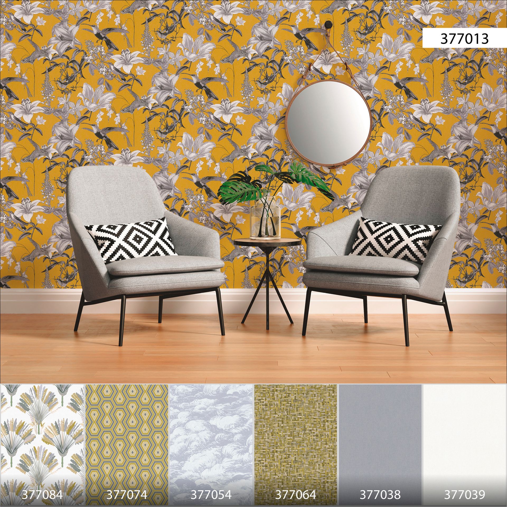 Architects Paper Jungle Chic, Florale Tapete, gelb, grau 377013