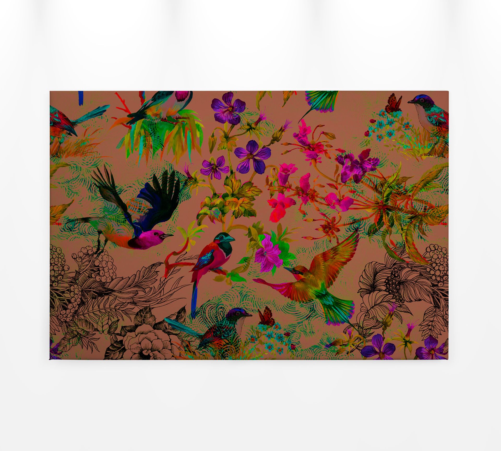 Leinwandbild Vögel und tropische Pflanzen, mehrfarbig, 90x60 cm DD120345
