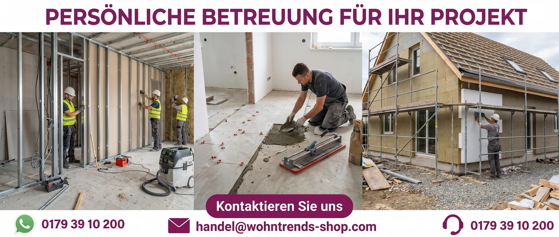 Kontakt-Banner vom Wohntrends Shop mit dem Slogan "Gestalten Sie Ihr Traumzuhause". Zeigt inspirierende Einrichtungsideen für Wohnzimmer, Küche und Bad sowie Kontaktmöglichkeiten.