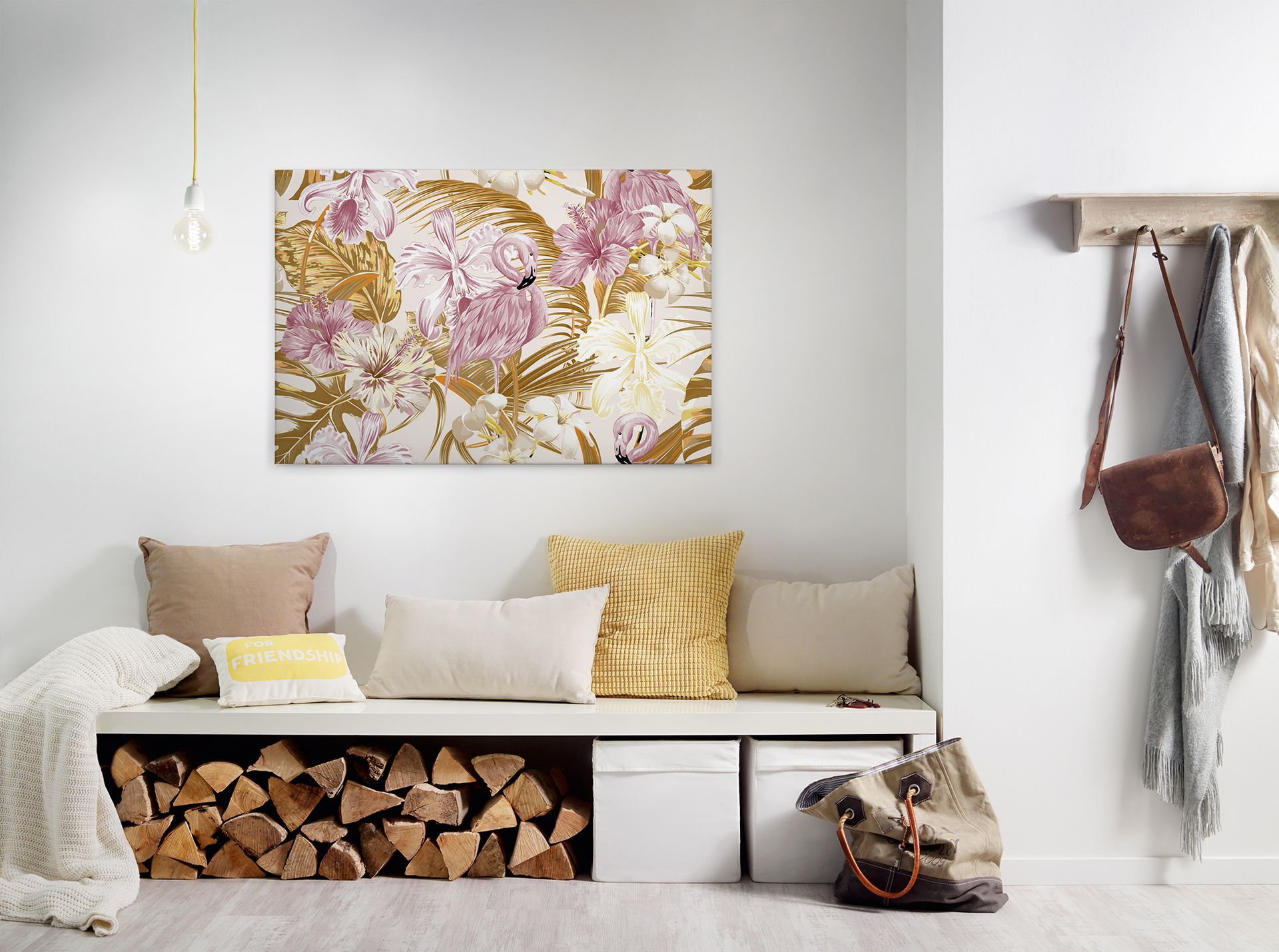 Livingwalls Leinwand, Flamingos, Tropische Blumen und Blätter, 90x60 cm DD120266