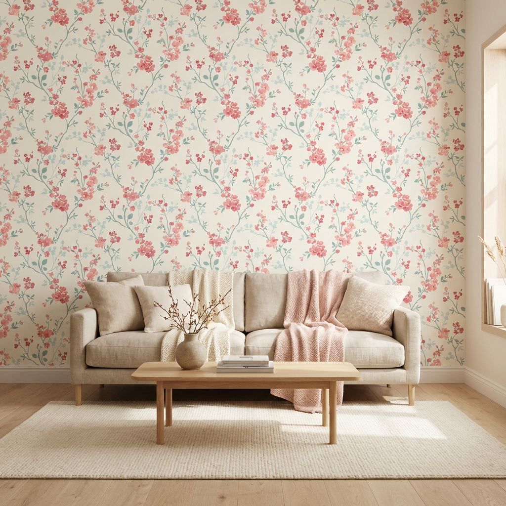 Grandeco Omura Vliestapete Blumenmuster rosa und grün im Wohnzimmer Interieur