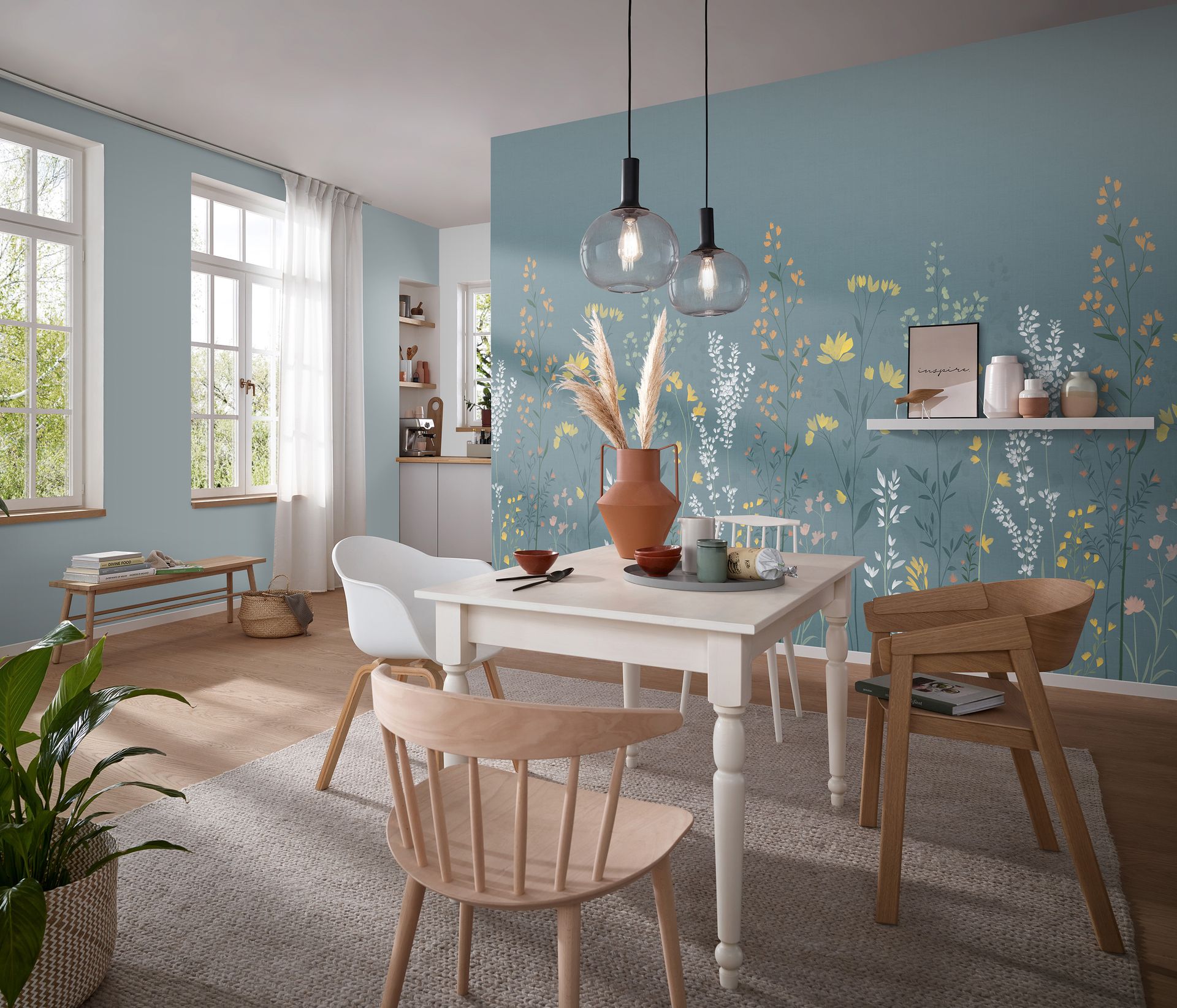 Vliestapete Wiesenblumen petrol Erismann La Terrasse 220550101