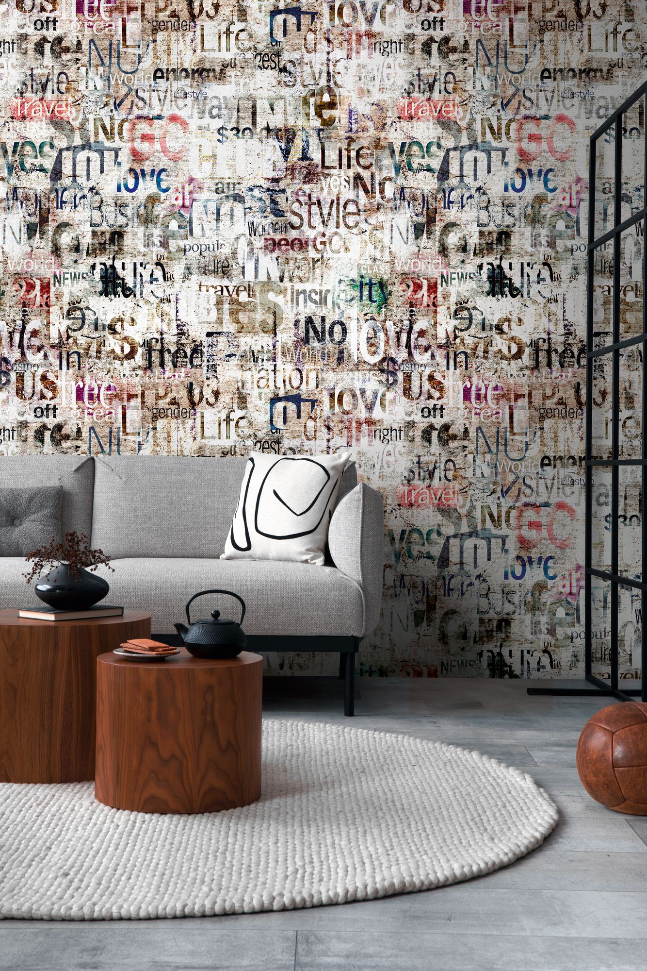 Fototapete Schriftzug mit abstraktem Motiv in Grau ➤ 1,59x2,80 m