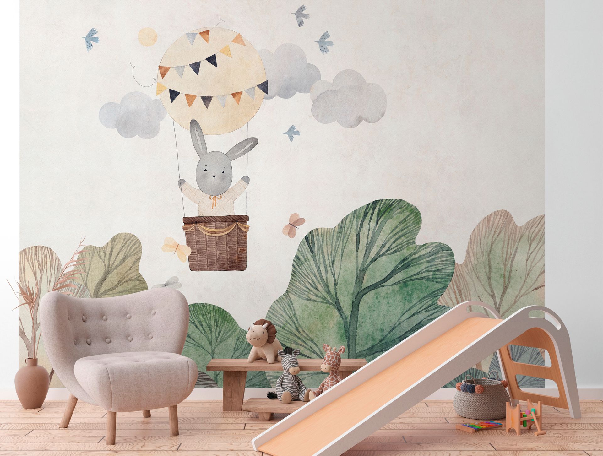 Fototapete Kinderzimmer mit Hasenmotiv in Beige ➤ 3,71x2,80 m