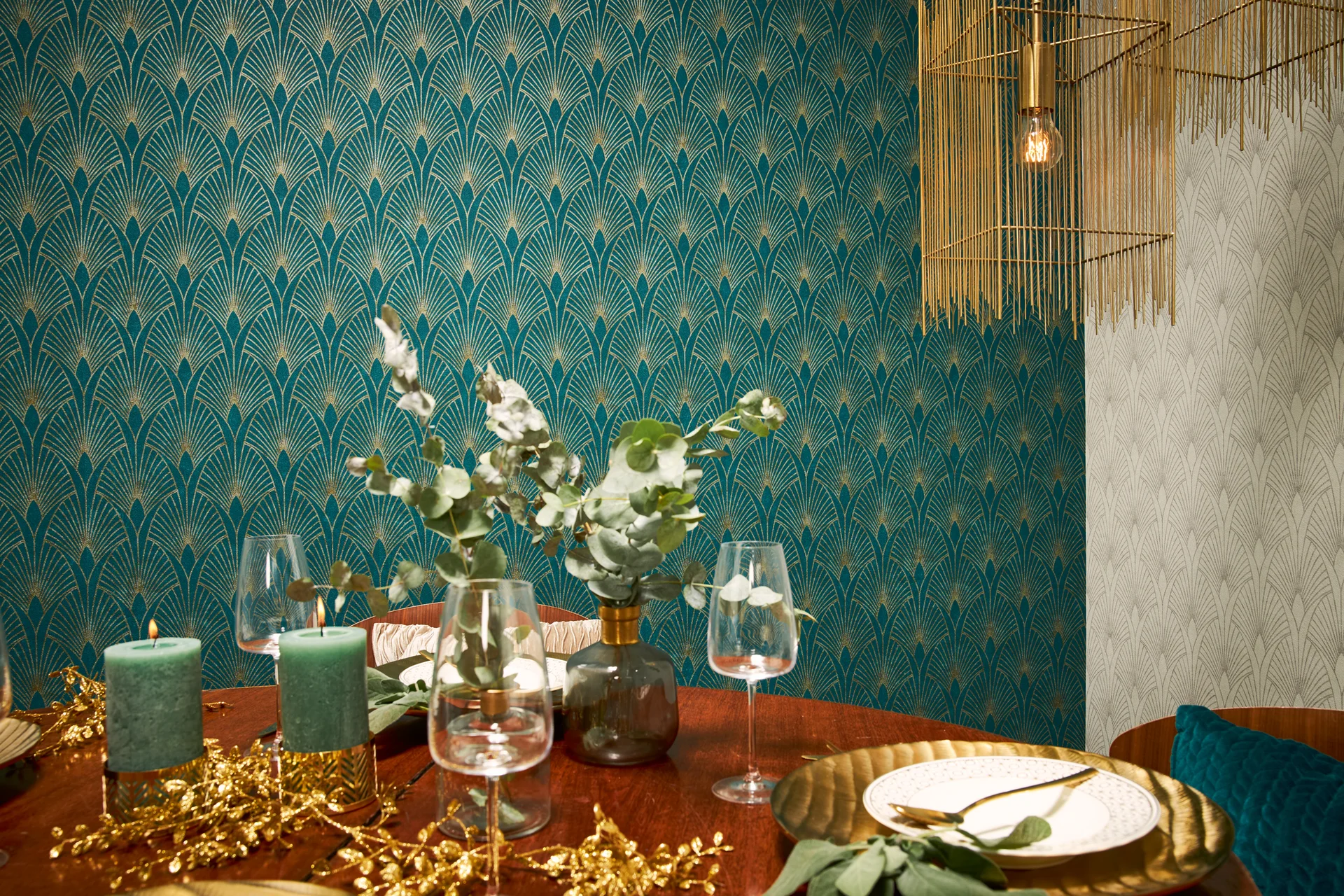 Livingwalls New Walls, Art Deco Tapete, blau, gold 374275