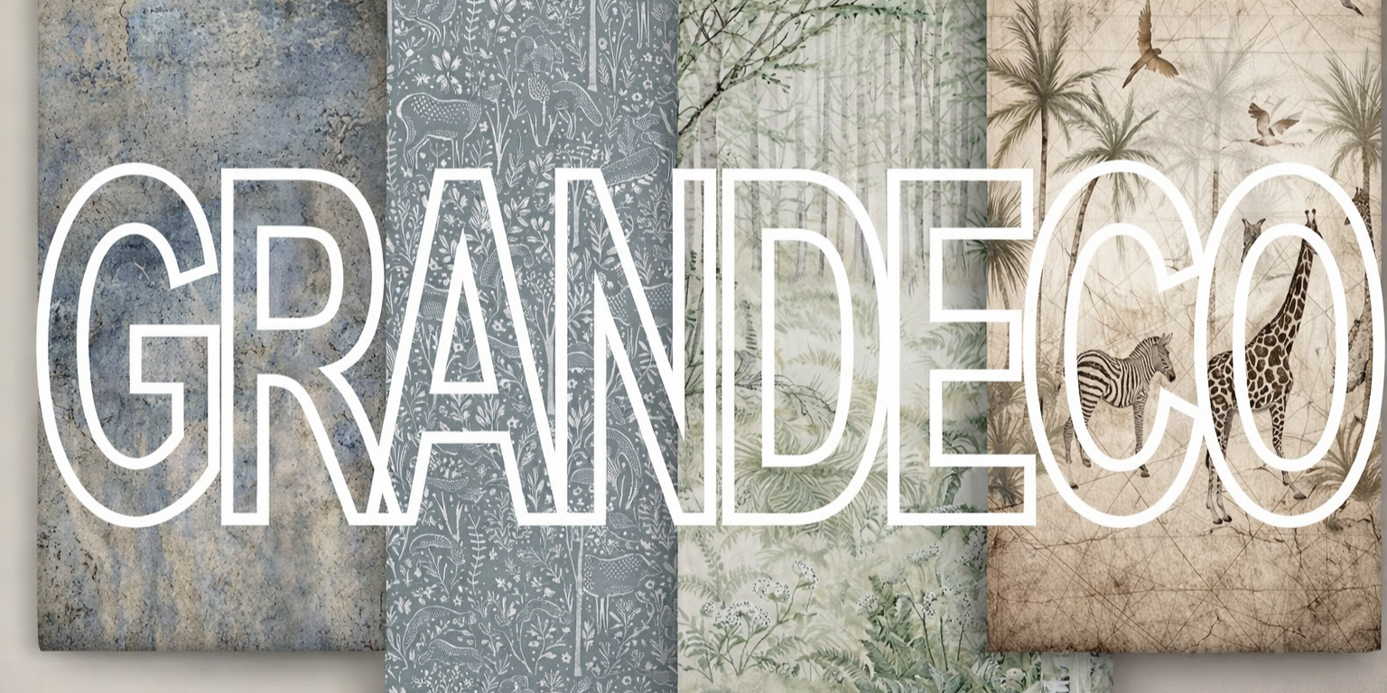 Grandeco Rauminszenierung Wohnzimmer mit moderner Vliestapete